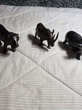 African Vintage Hand Carved Lion Rhinoceros Hippo Vintage Set Of 3
